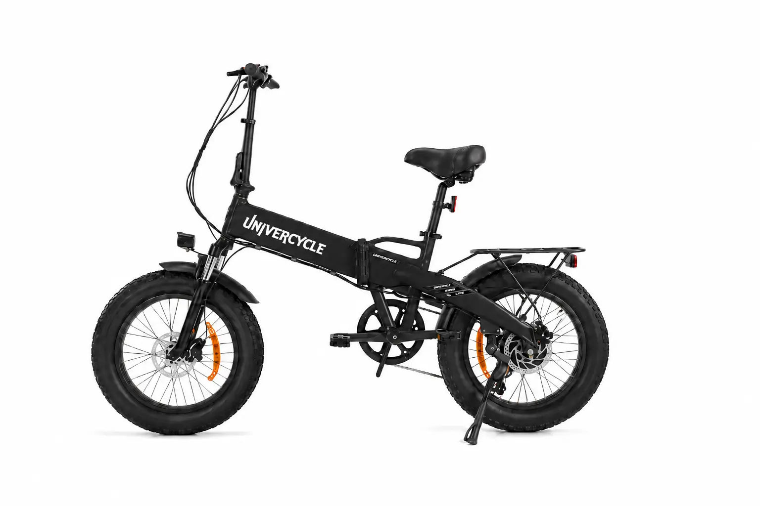 Univercycle folding fat tire electric bicycle in matte black, equipped with 20-inch fat tires and mechanical disc brakes for commuter comfort.