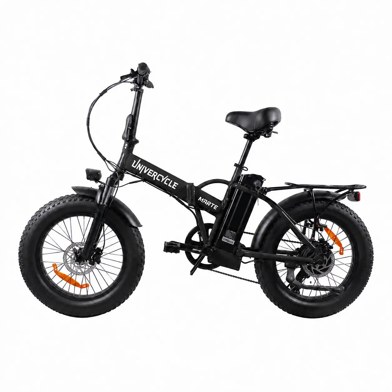 Univercycle Marte foldable fat tire electric bicycle in matte black, equipped with 20x4.0 inch all-terrain tires and an external seat-tube battery.