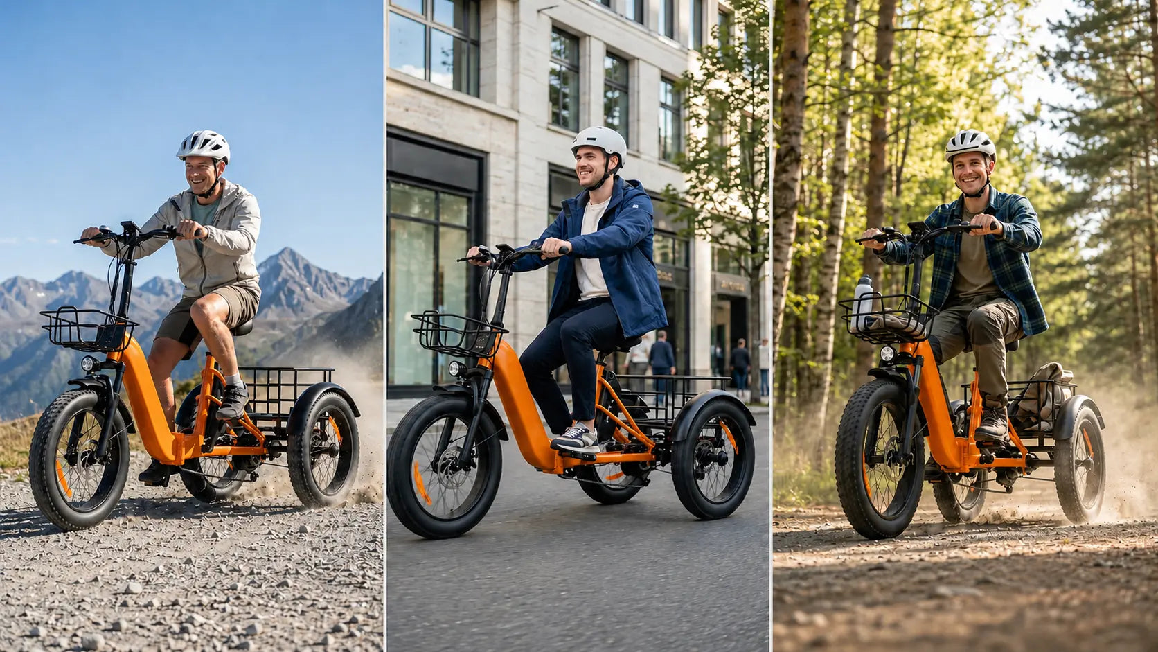 Three-panel image showing a rider on the orange Univercycle Nettuno electric tricycle navigating urban streets, forest trails, and mountain gravel paths, showcasing its stable, comfortable, and all-terrain riding capability.